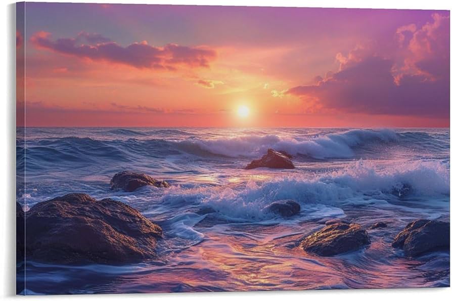 Amazon.co.jp: 絵画 夕日の波インテリア 絵画 美しい海の景色アート